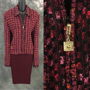 NWT NEW St John knit rose quartz maroon multi jacket skirt suit 14